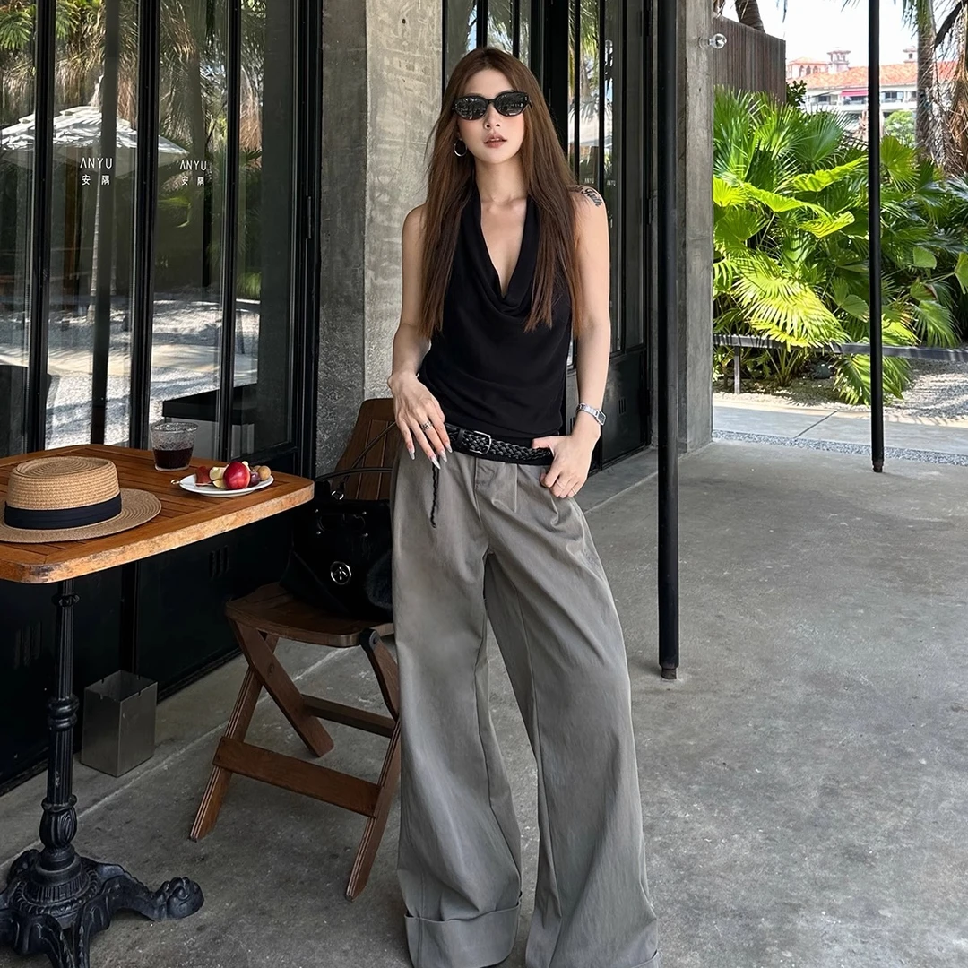 千金清冷感贵系衣服夏季新款时尚挂脖上衣洋气休闲百搭阔腿裤套装