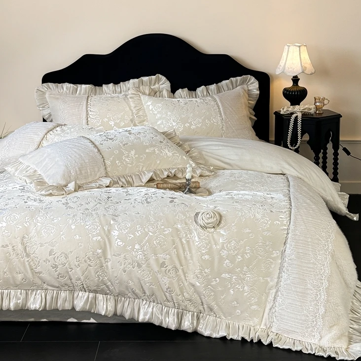 法式高端轻奢风牛奶绒床上四件套冬季金貂毛珊瑚绒被套罩床单床品