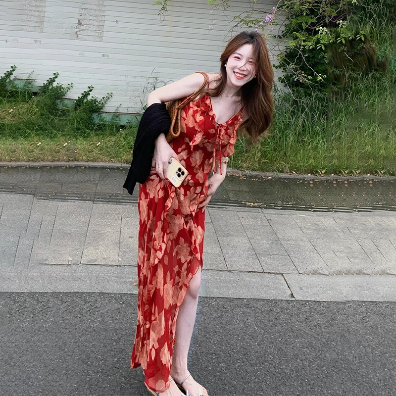 【精品】夏日绝美超好看碎花吊带裙两件套大码胖海边度假连衣裙套