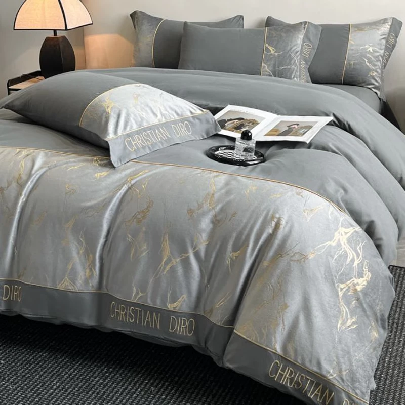 路约威格新款轻奢水墨画亲肤棉床上四件套刺绣被套床单床笠床品三