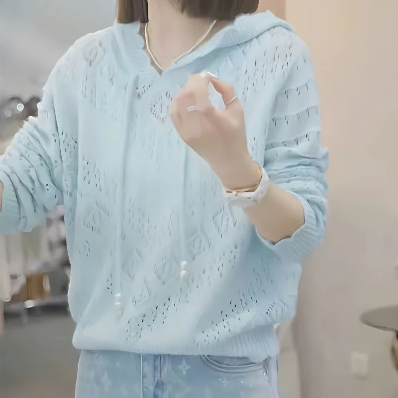 连帽上衣薄款钩花空调衫减龄镂空针织2025毛衣女春夏秋新款长袖