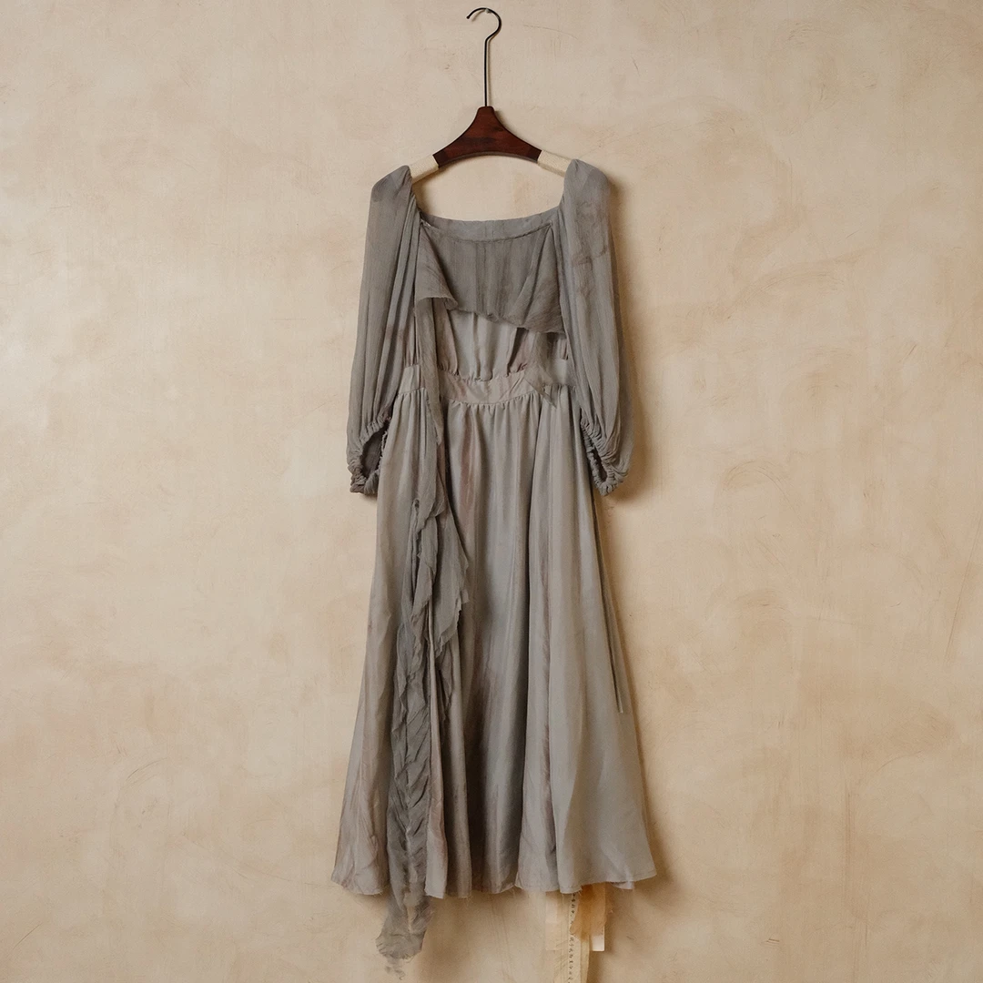 弥挲GL262782-1不规则拼接温柔风泡泡袖连衣裙仙气气质