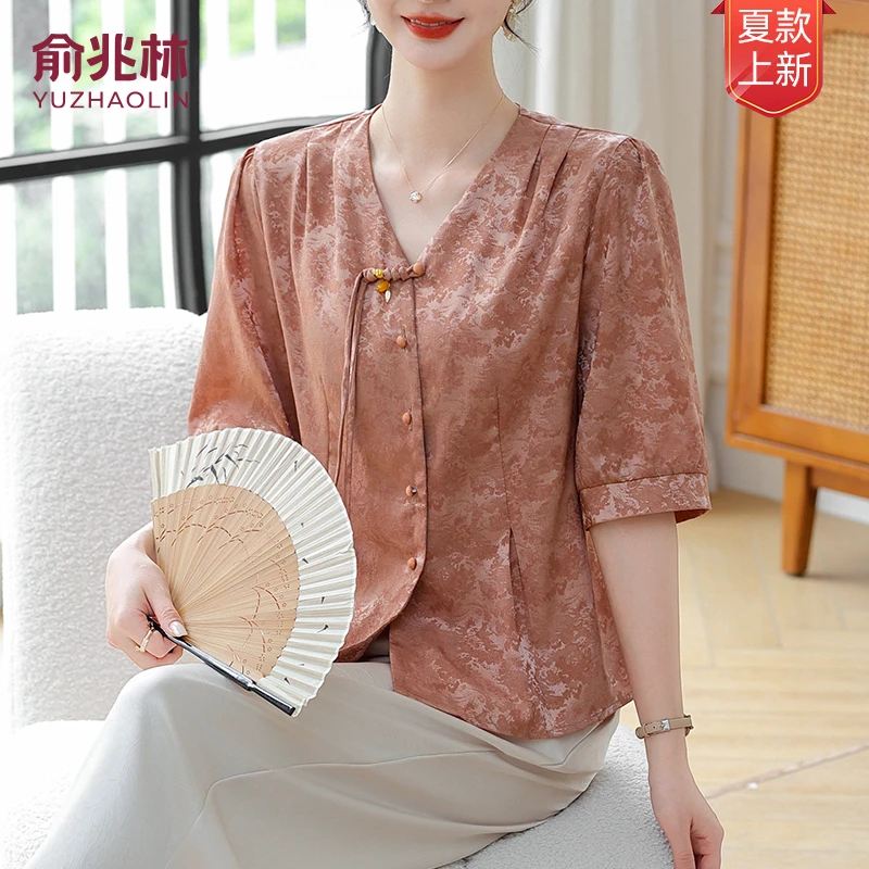 俞兆林25年夏季新款宽松型盘扣中老年女装中袖夏季宽松开衫上衣
