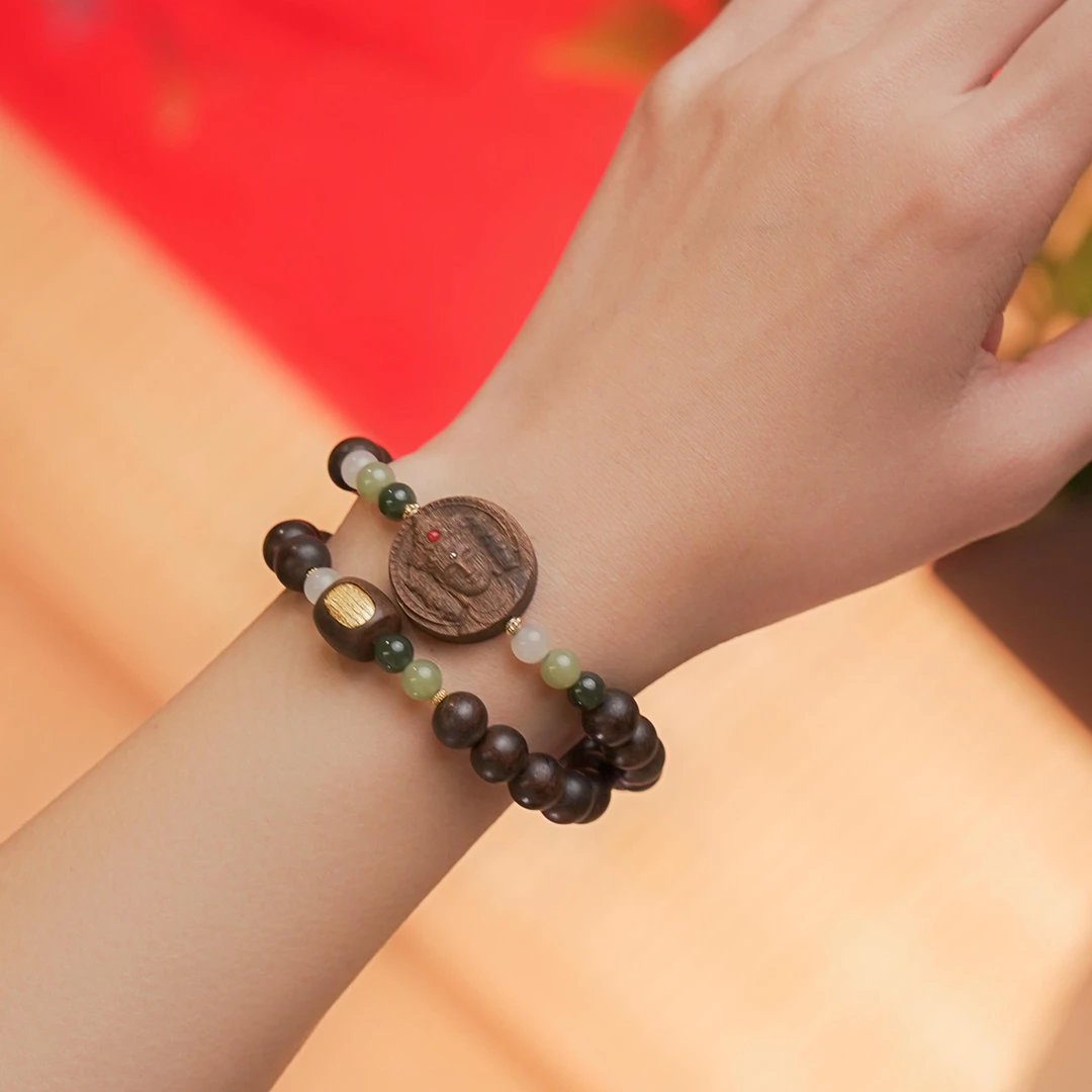 合金木质手链 阿弥大势至款五条纹双圈手串珠串精雕精美