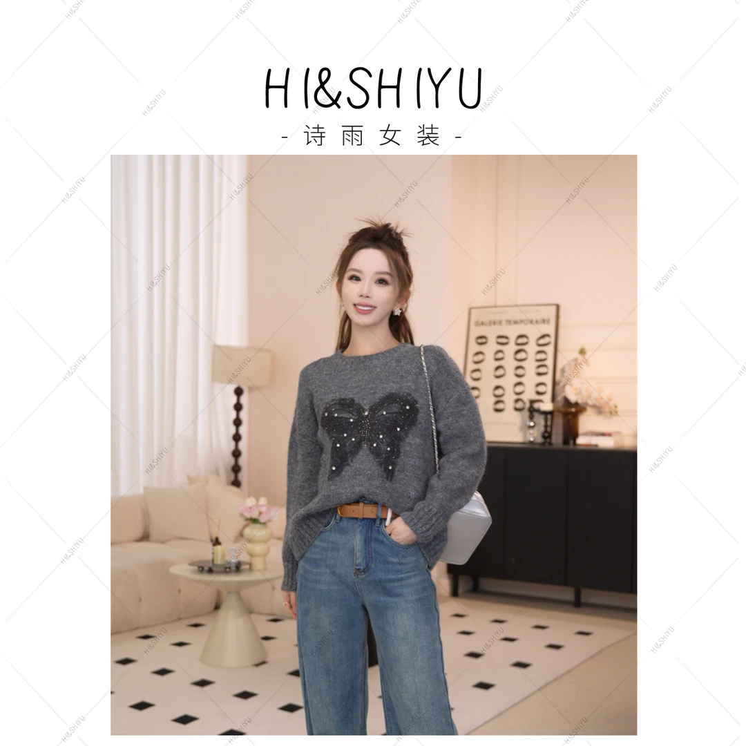 HISHIYU【蝴蝶来信】设计感蝴蝶圆领软糯套头宽松针织衫上衣