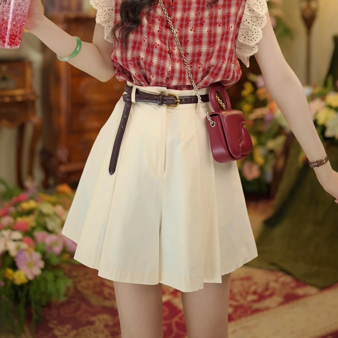 扣子家【白糖桂花糕】港风复古休闲短裤女高腰百搭裤子KM0524276