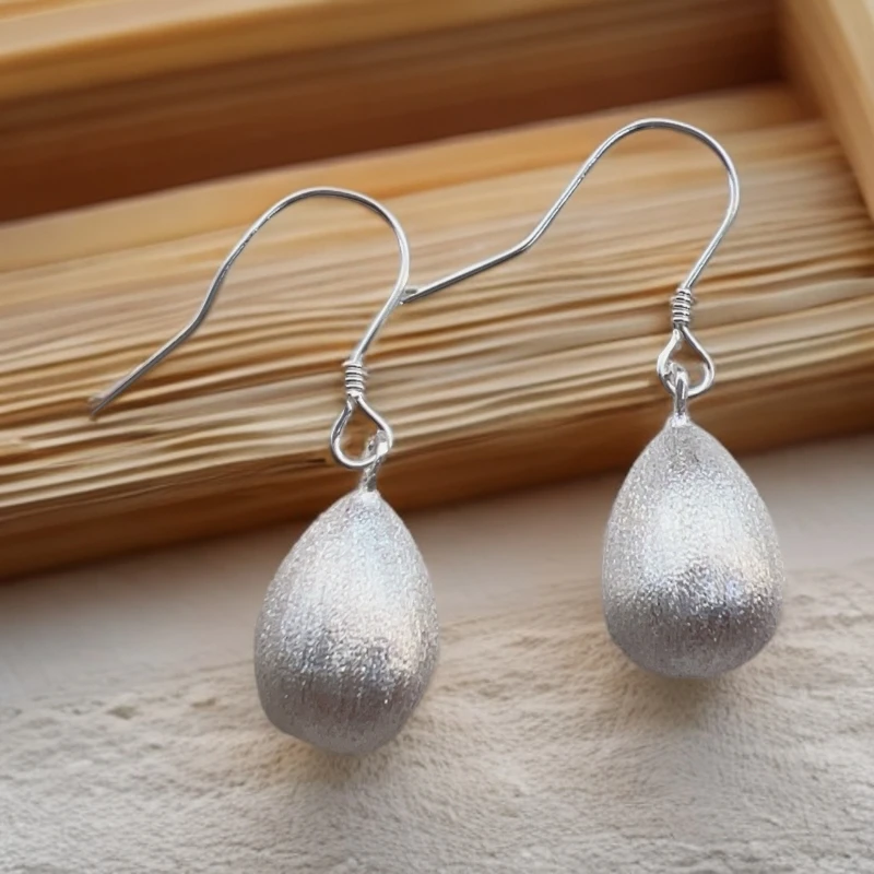 足银耳饰 足银990磨砂水滴耳饰