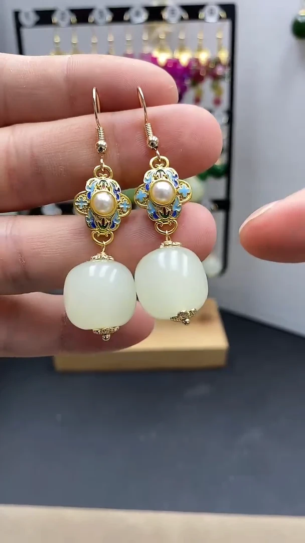 【闪购商品】和田玉耳饰银S925镀金镶嵌尺寸16mm桶珠A2