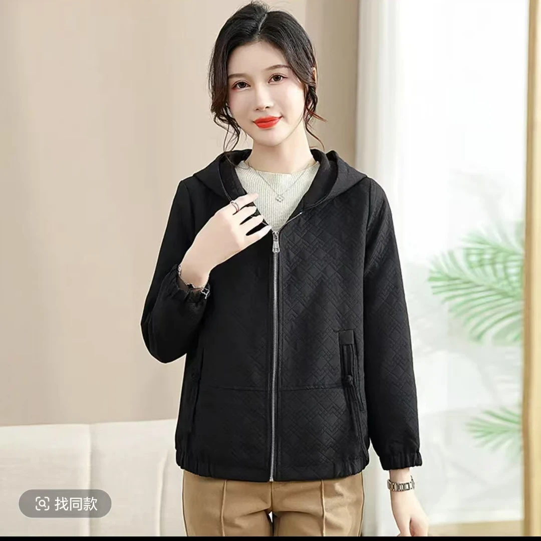 8109休闲中老年妈妈短外套女新款宽松纯色连帽夹克新仓库15-3-1