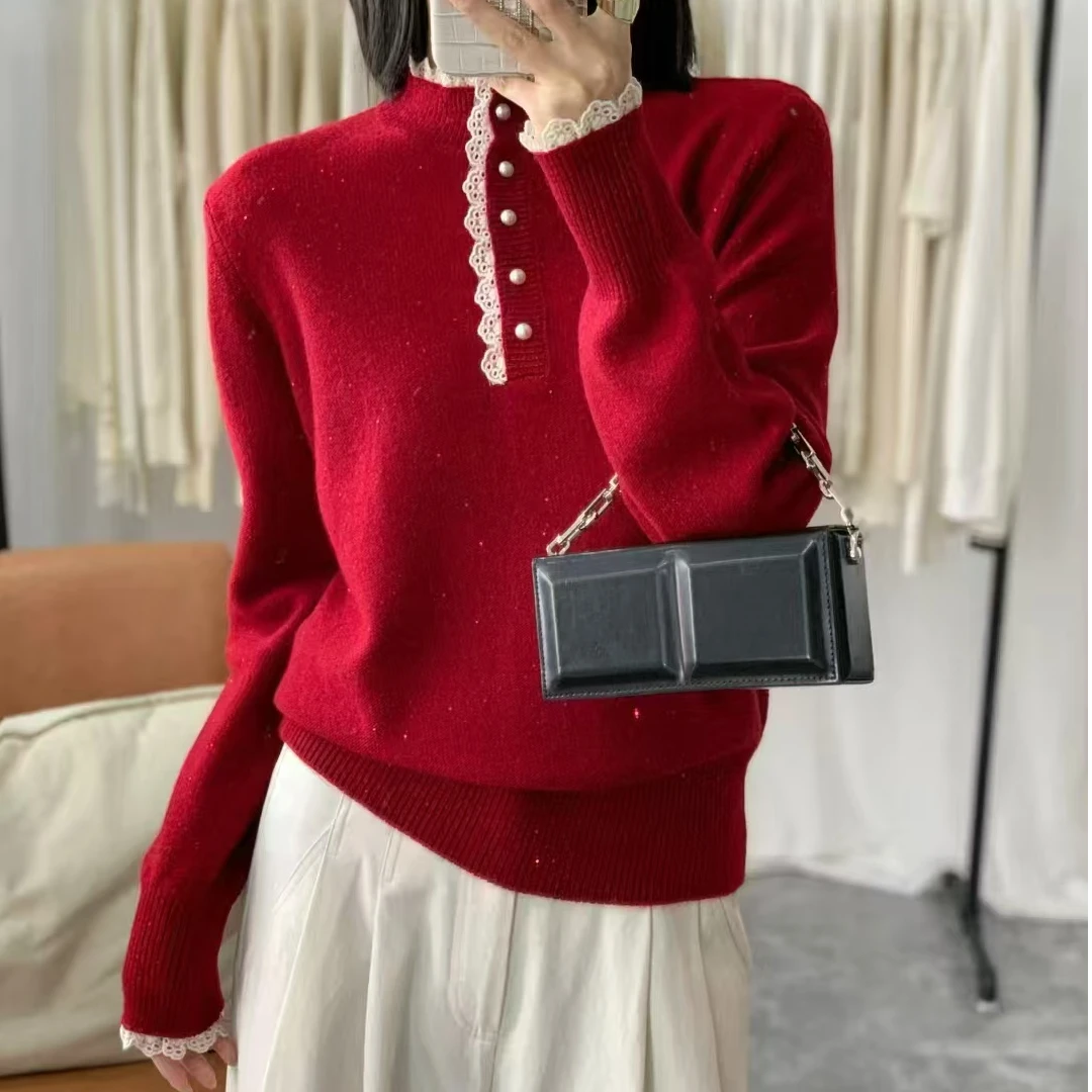 满天星蕾丝边半高领套头针织衫内搭红色厚款秋冬打底衫女