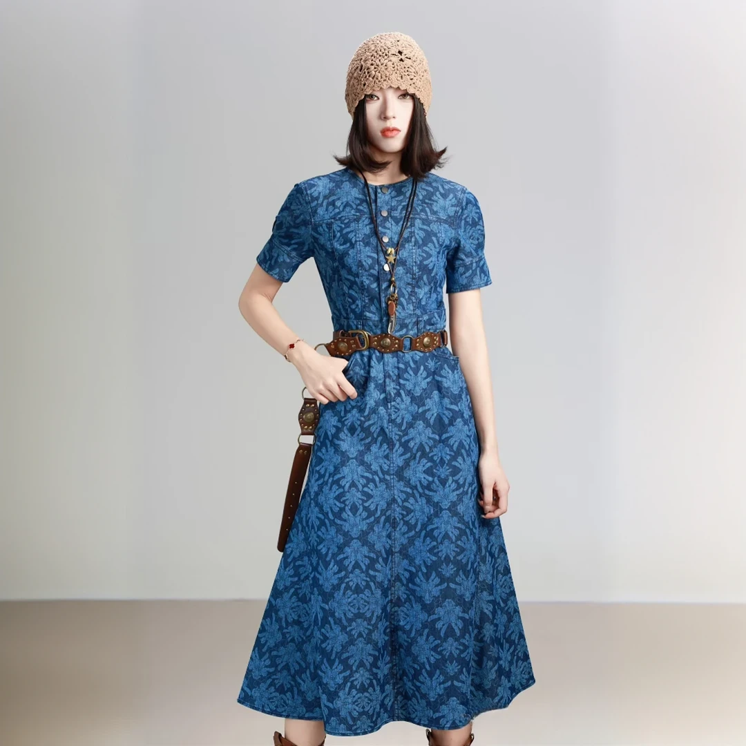 哥弟25夏天新款冰凉短袖牛仔碎花连衣裙时尚气质长款裙子150019