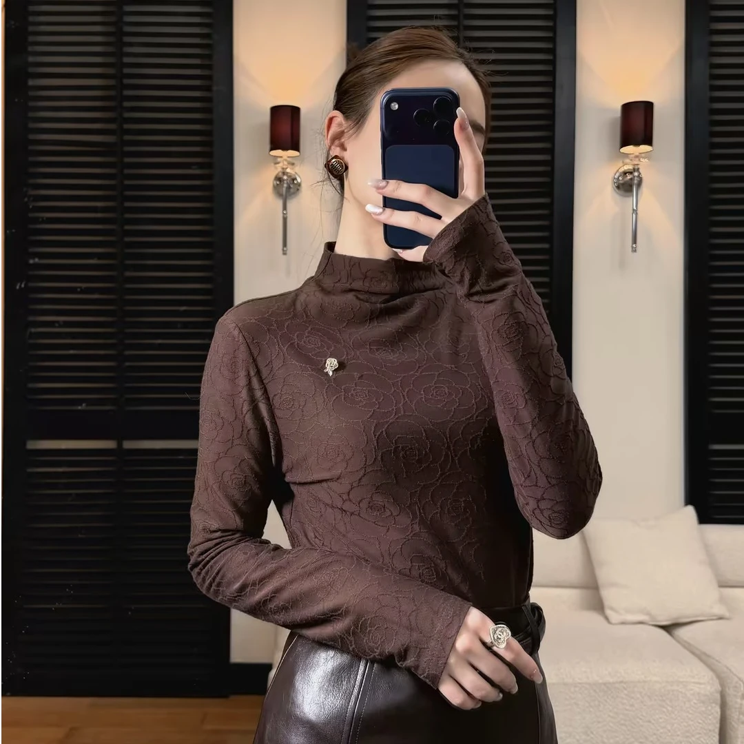 HELA AOMI “山茶花”高领提花气质套头打底衫百搭上衣CY4CX39015