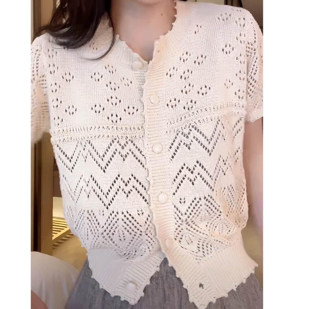 设计感短袖镂空针织开衫女2025新款春夏时尚百搭气质复古圆领上衣