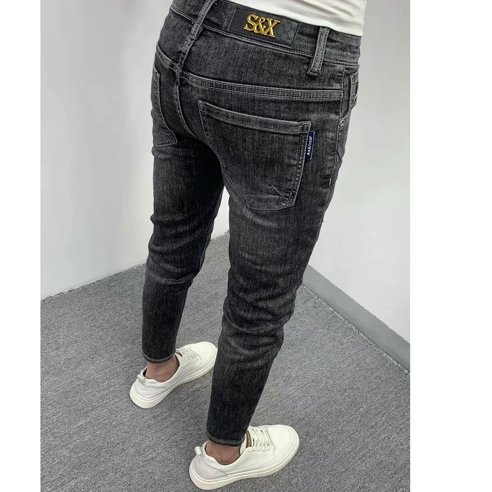 夏季烟灰九分牛仔裤男潮流时尚百搭韩版修身小脚高端水洗弹力休闲