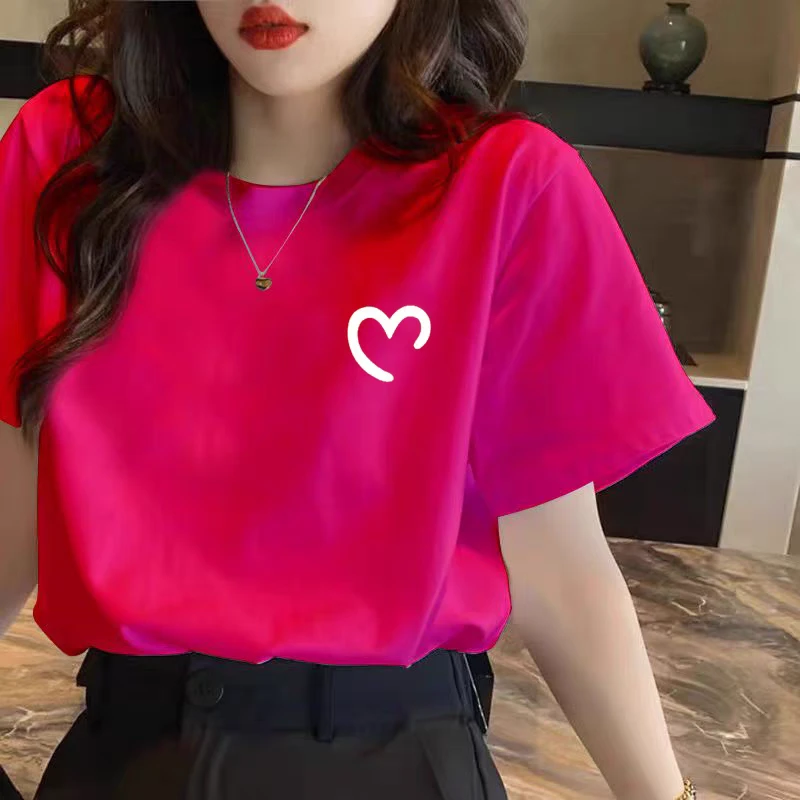 新款纯棉圆领极简风短袖常规字母印花T恤休闲小众简约韩版爱心