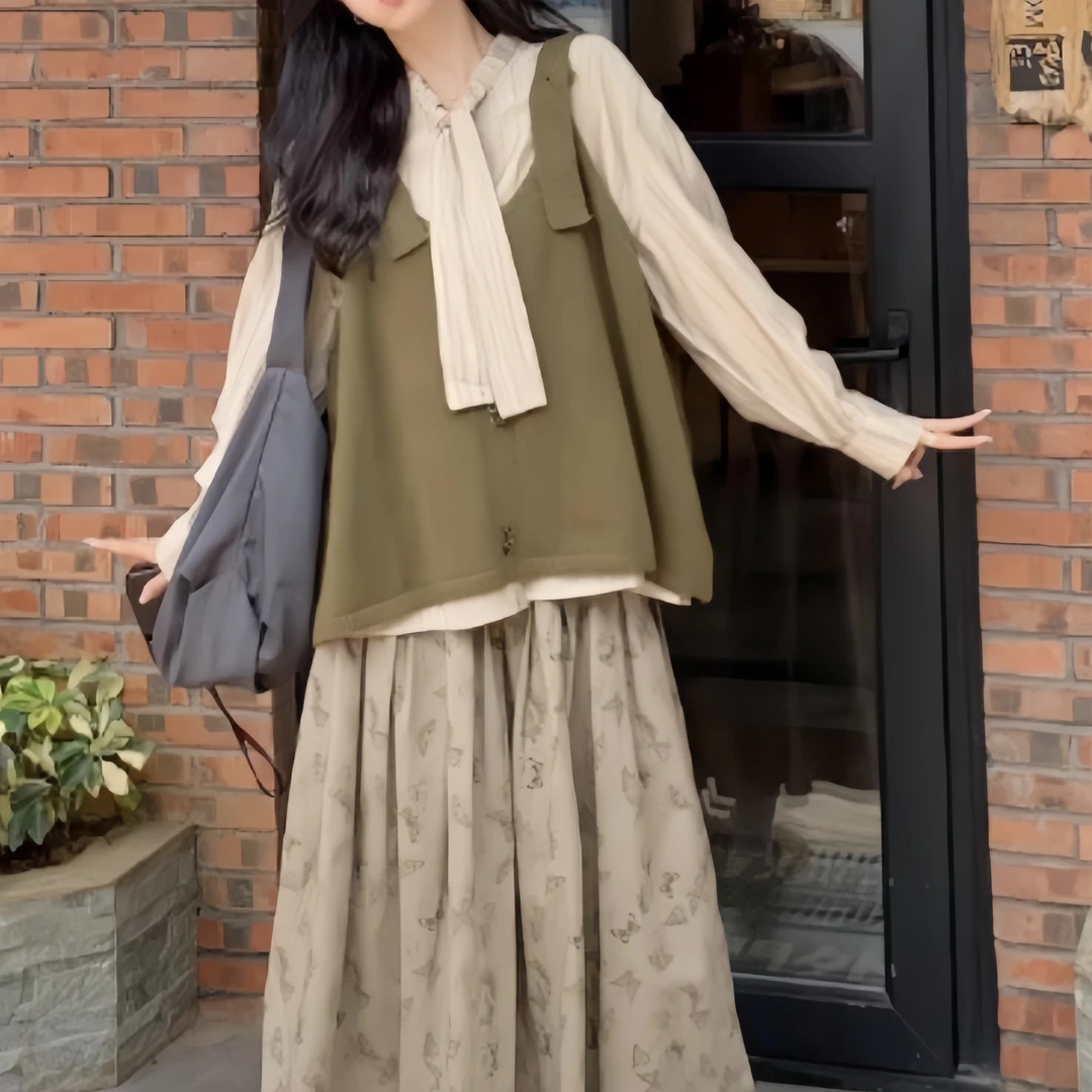 潮流复古文艺简约衬衫马甲两件套2025秋季新款洋气减龄百搭两件套