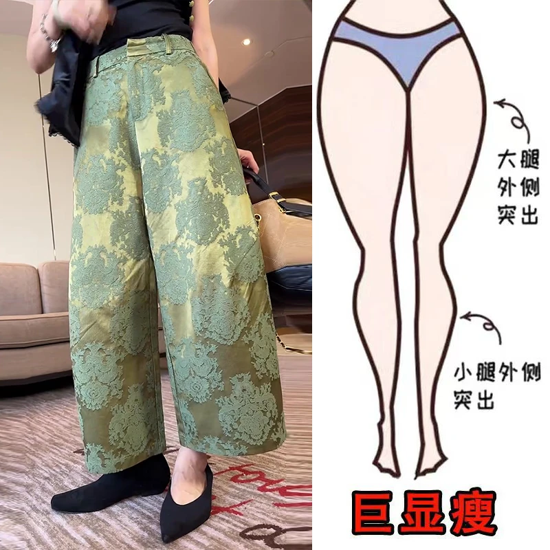 早秋新款时尚设计感国风提花遮肉显瘦舒适高腰宽松阔腿休闲九分裤