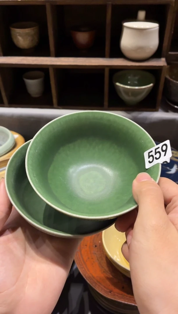 瓷片维****s559草绿色条纹米饭碗2个