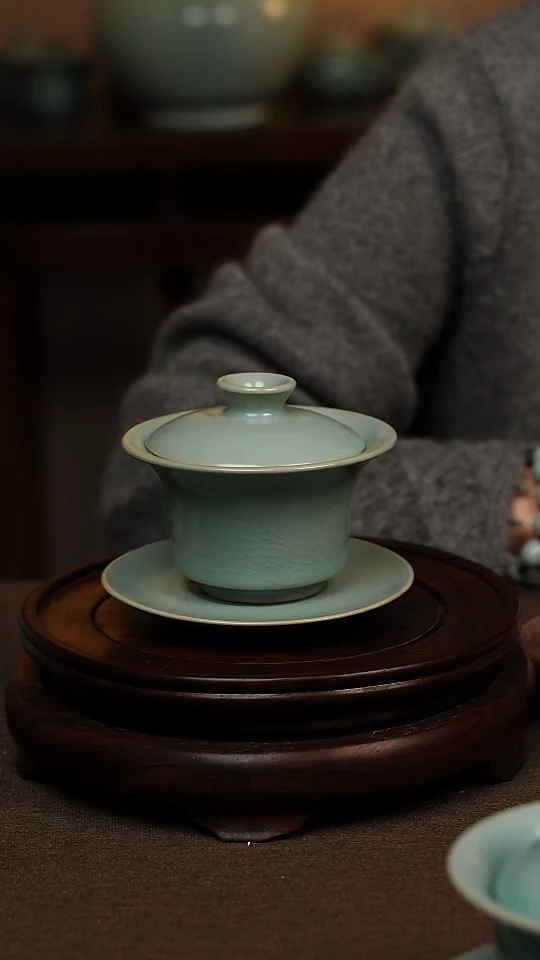 瓷片仿古天青全手工三才马蹄盖碗130ml 一级 礼盒包装