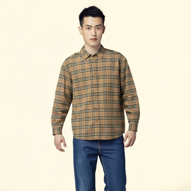 99新 BURBERRY/博柏利 12099413 经典格纹翻领衬衫卡其色XL扣瑕疵