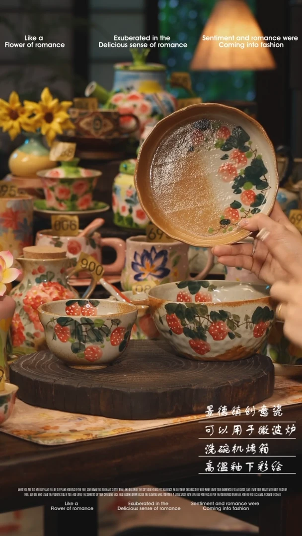 陶瓷三件套景德镇高温釉下彩绘设计师款式