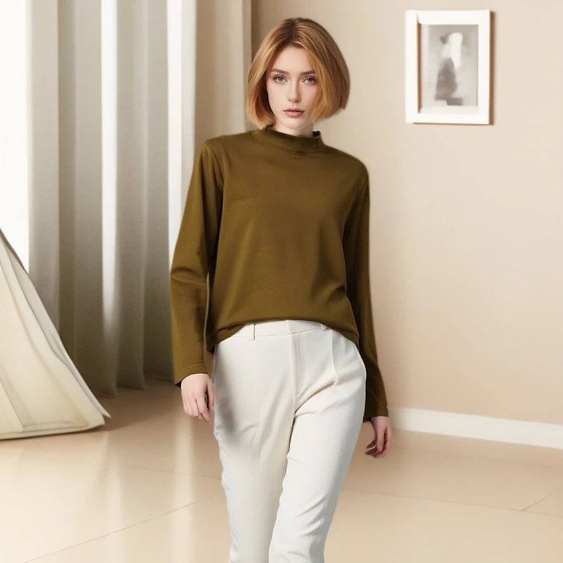 男女新款春季半高领常规保暖长款T恤时尚针织修身简约圆领打底衫