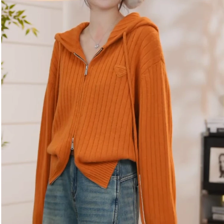 秋季连帽保暖休闲宽松遮肉针织衫女韩系潮流气质别致双拉链针织衫