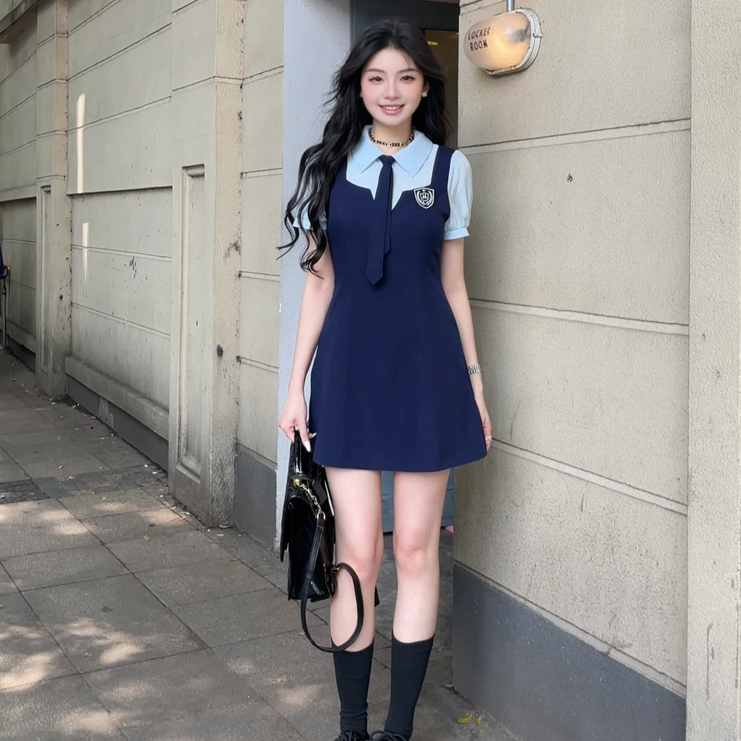 现货【打歌天菜】夏季假两件拼接学院风翻领微收腰显瘦女连衣裙