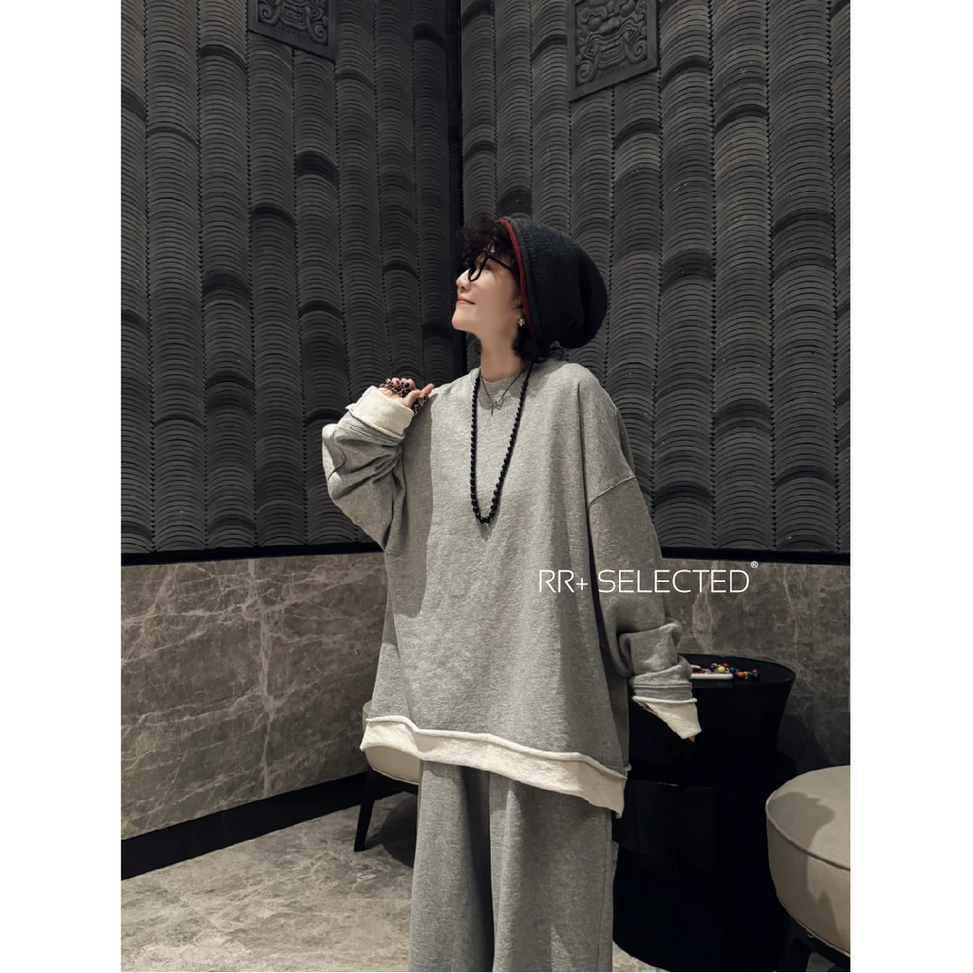 10606韩版百搭纯色圆领卫衣女秋双层卷边休闲上衣