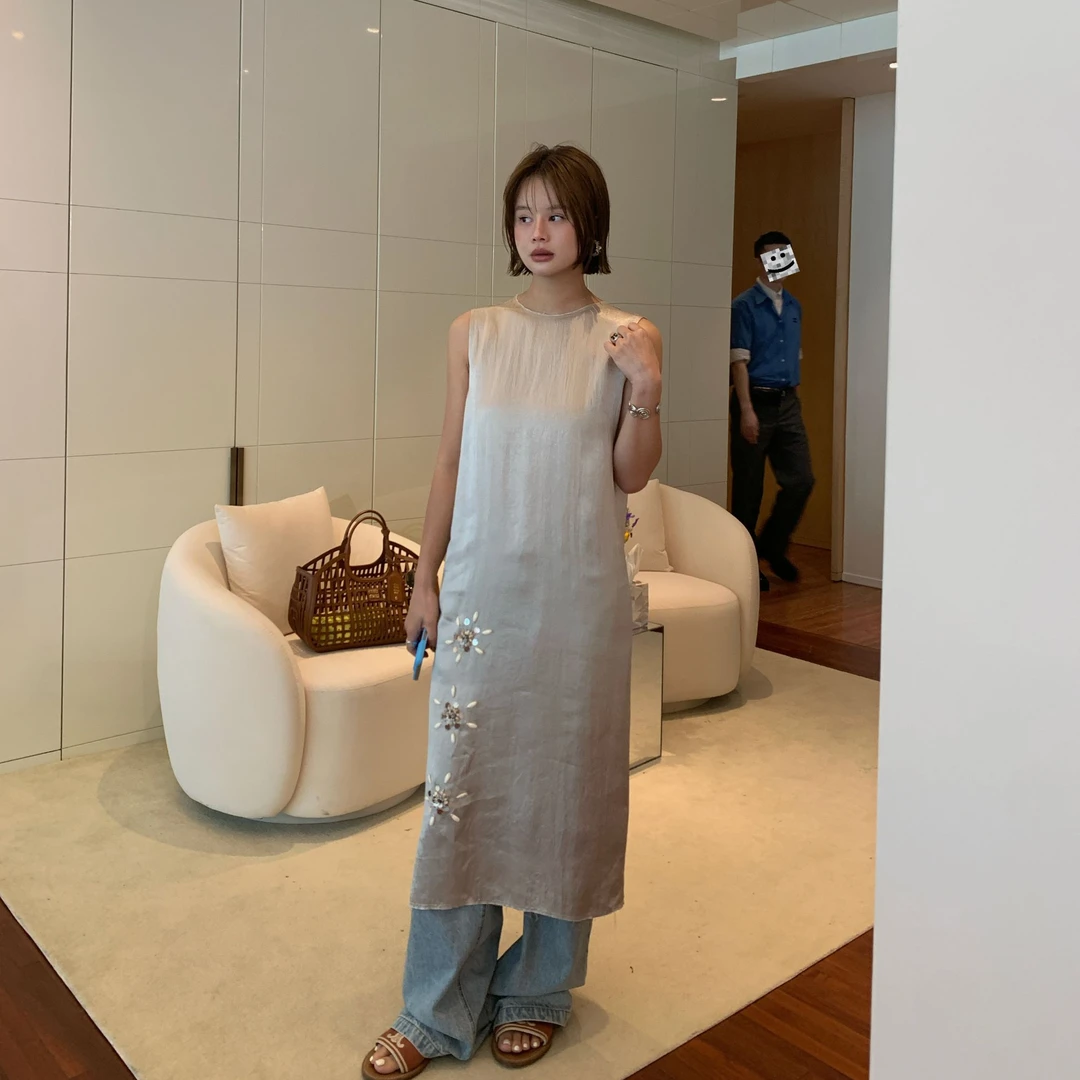 MINJA25年新款钉珠宽松背心裙中长连衣裙国风复古气质25C893