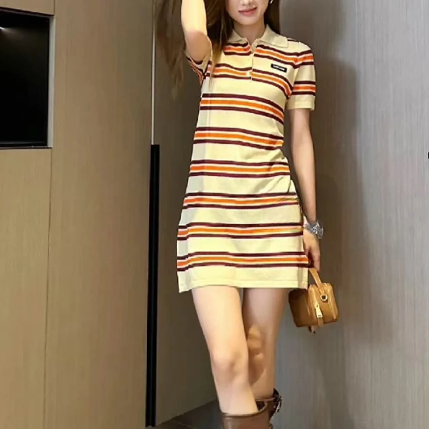 99新 MIU MIU/缪缪 条纹logo贴标短袖连衣裙