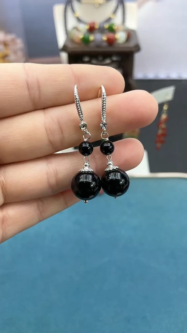 【闪购商品】黑色碧玺耳饰银S925镶嵌12mm黑美人耳钩