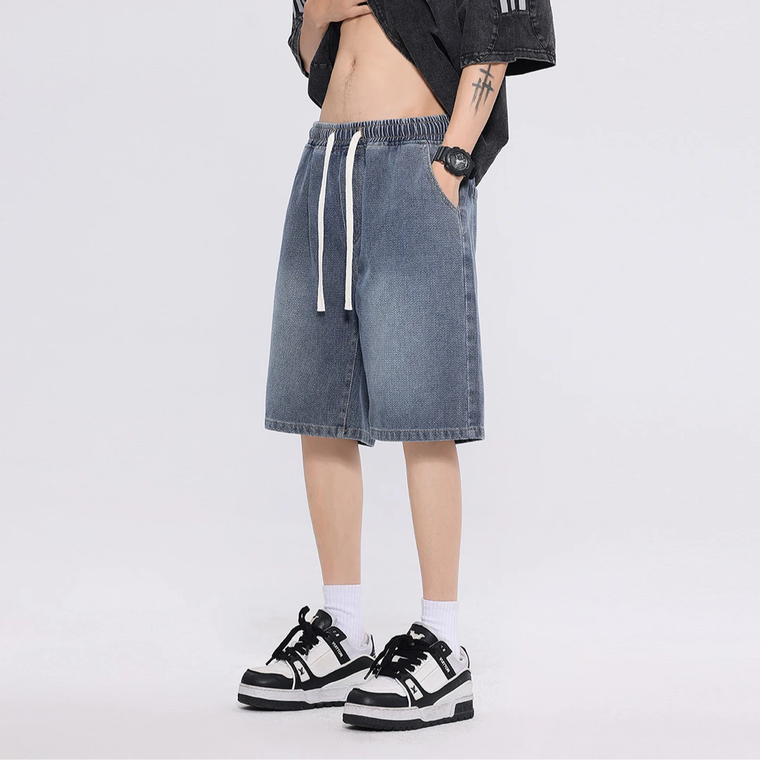 夏季复古慵懒风松紧抽绳牛仔短裤F581