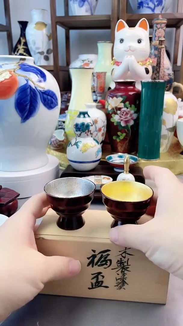 瓷片日产实木杯一对