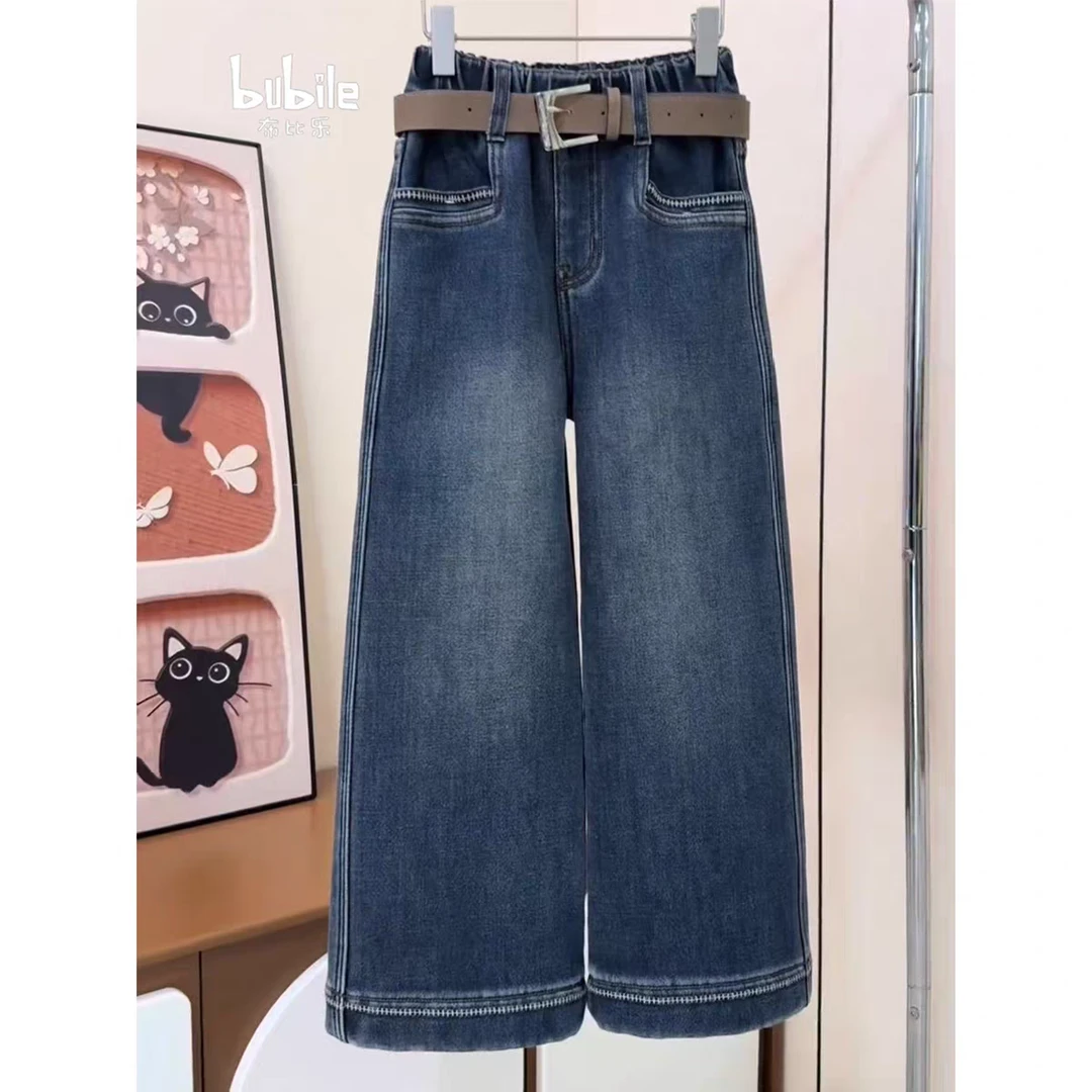 女童加绒牛仔裤秋冬装2025新款儿童直筒裤子韩版中大童阔腿裤洋气
