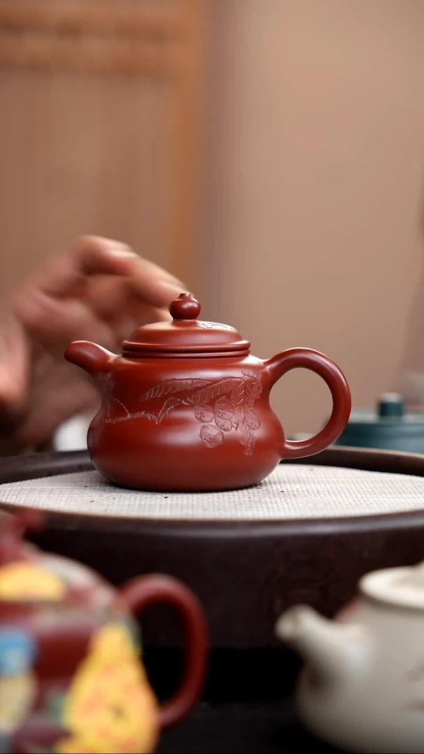 【闪购商品】紫砂茶壶朱泥葫芦壶刻鸟005