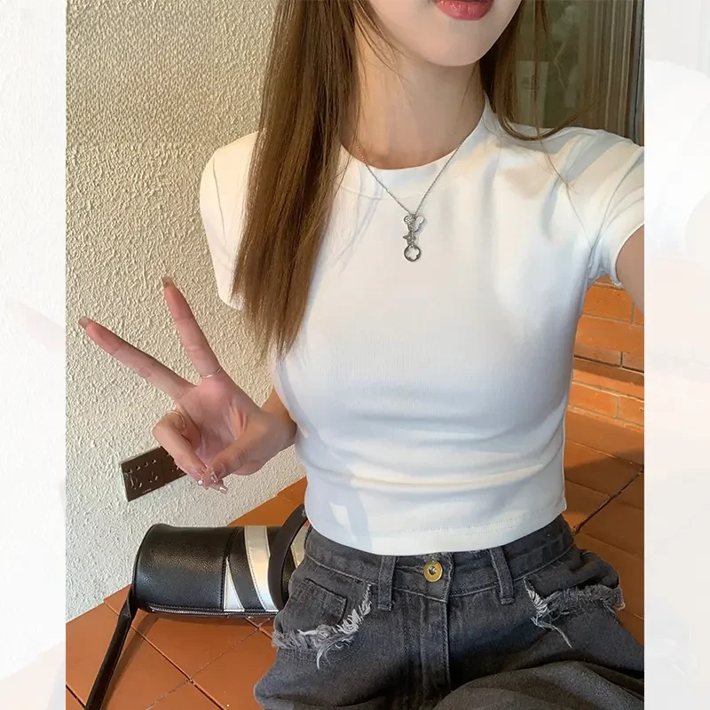 白色短袖t恤女短款2025年夏季新款棉质修身百搭圆领正肩露脐上衣
