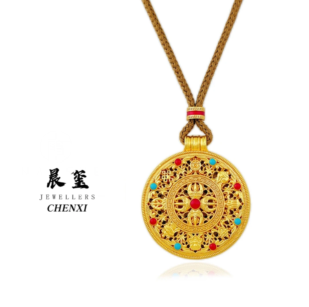 CHENXI【晨玺】时尚CHEN XI【晨玺】藏式珐琅彩八宝罗盘金色吊坠项链
