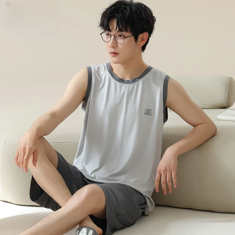 睡衣男款夏季背心短裤套装莫代尔柔软薄款休闲加大码家居服春夏天