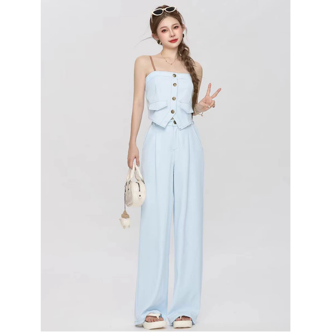 【现货】夏季韩版时尚复古洋气减龄马甲背心百褶阔腿裤两件套9196