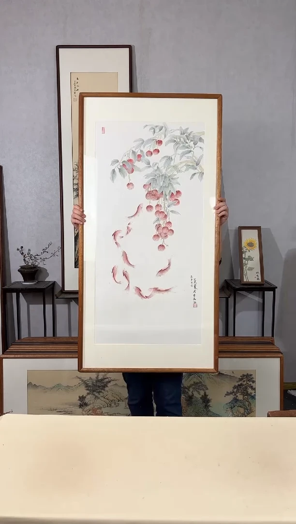 国画手绘*万事顺利（九鱼图）*62*122cm带框发货