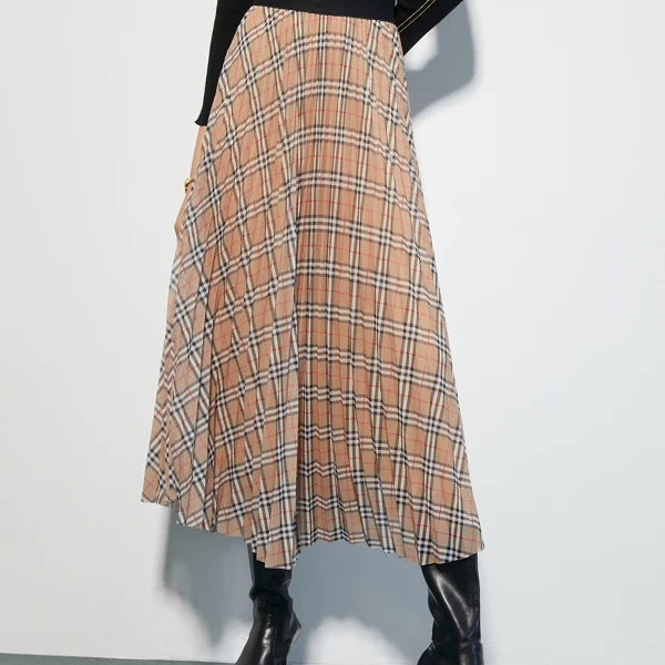 【盈盈专属】优雅纱裙女秋季高腰格纹百褶半身中长款气质裙M230705