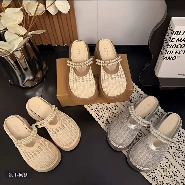 厚底包头半拖鞋女2025年夏季新款时尚百搭洞洞鞋轻便增高镂空网鞋