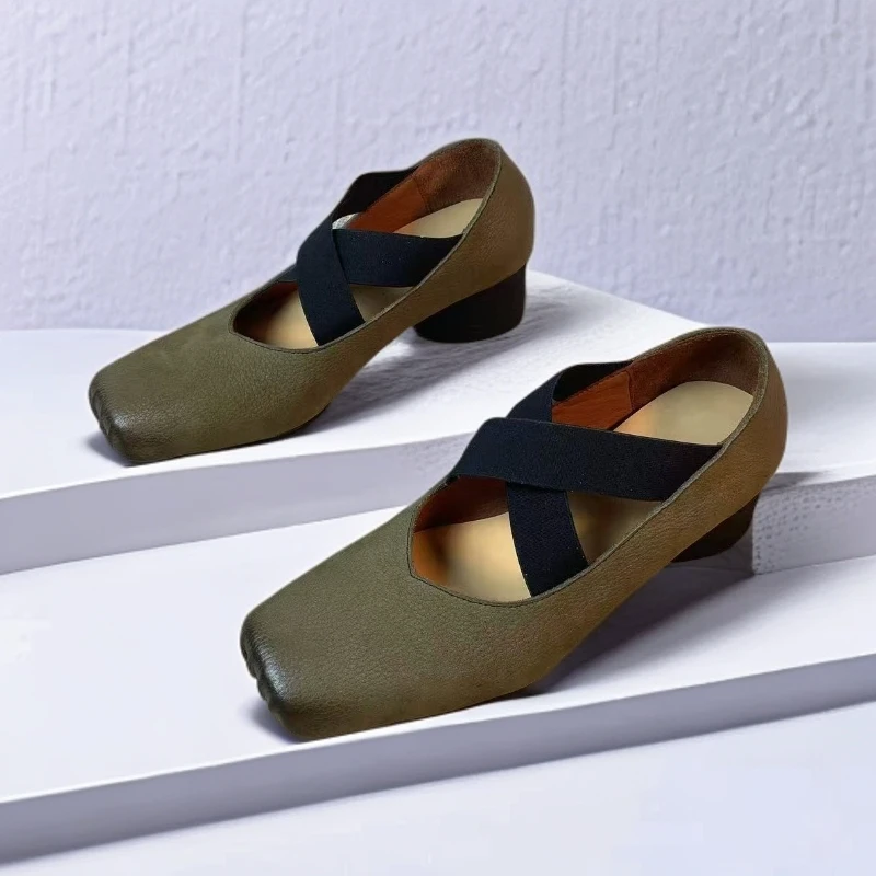 34-40码头层胎牛皮芭蕾舞单鞋交叉绑带粗跟复古百搭浅口不挑人