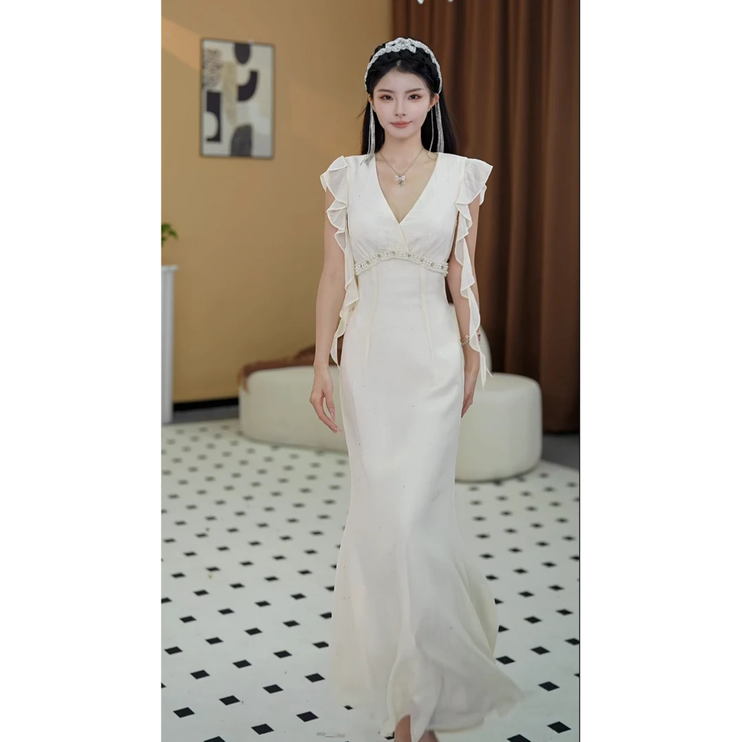 【Peng晓橙】白昙风絮春季新款高级法式气质显瘦鱼尾连衣裙-YL70004