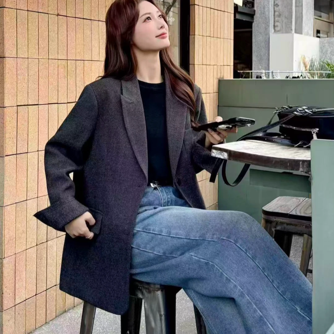 L S 羽绒西装女 外套纯色咖色拼皮韩系西装毛呢长袖中长款双面