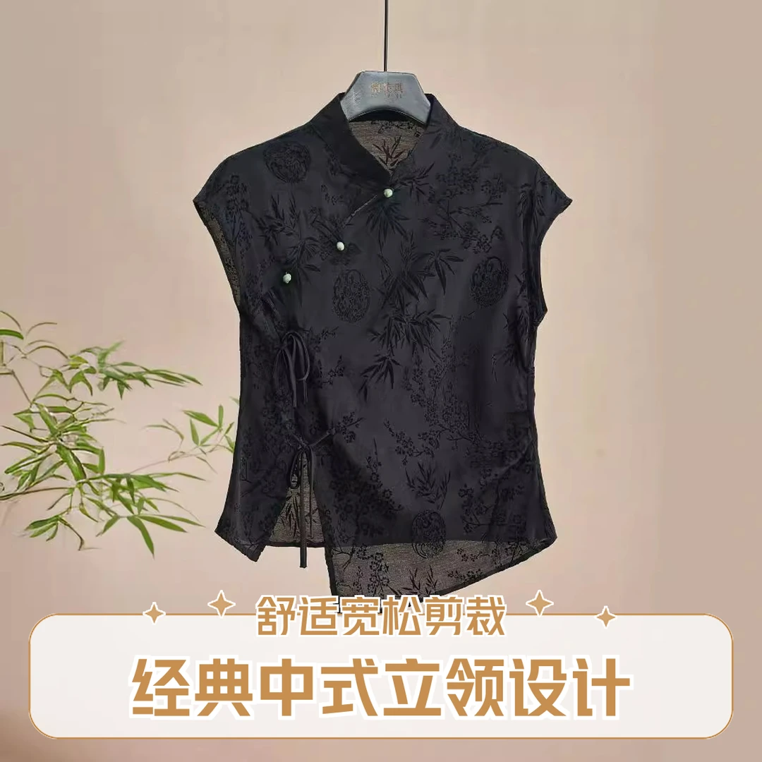 新中式国风旗袍上衣黑色提花正肩短袖t恤女2025新款夏季复古小衫