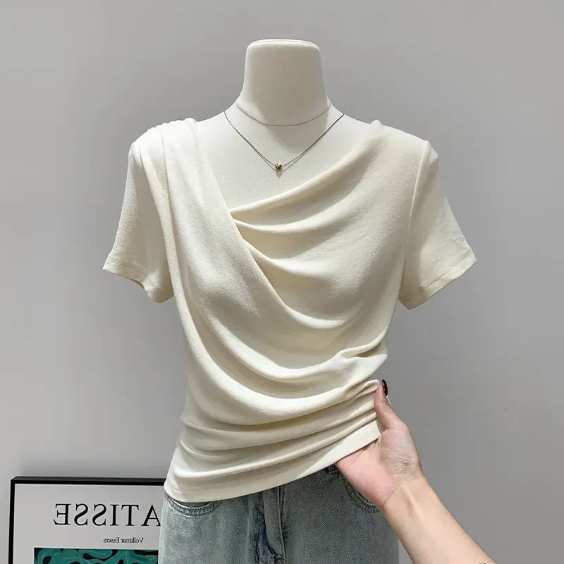 不规则设计感荡领褶皱收腰正肩T恤女夏季新款修身显瘦纯欲风上衣