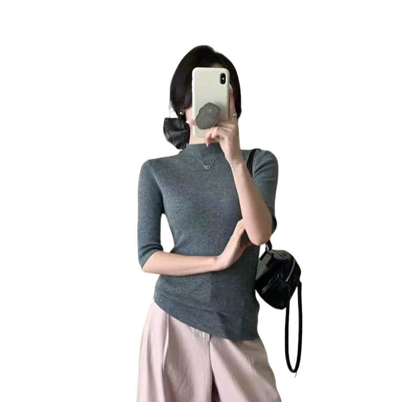 2025春季新品亲肤半高领五分袖打底衫女紧身薄款针织中袖气质上衣