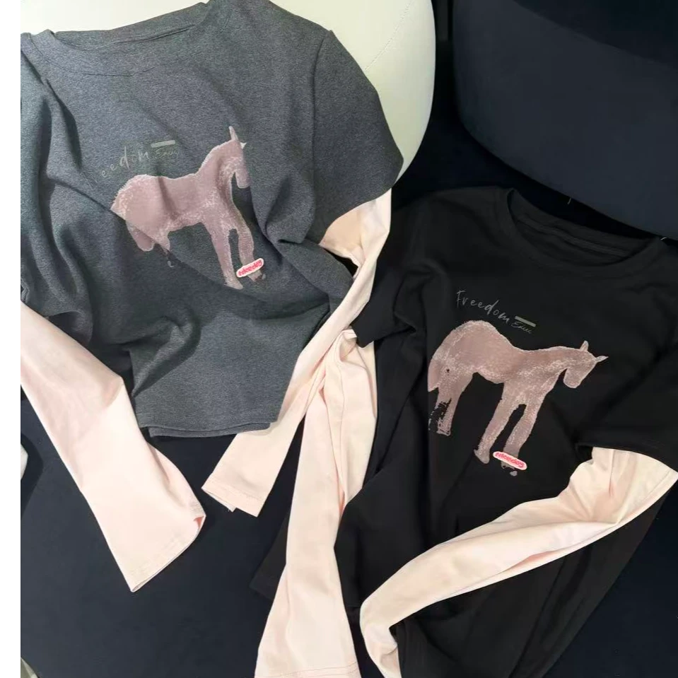 曹大媛25【撞色小马】新年款洋气百搭T宽松打底上衣